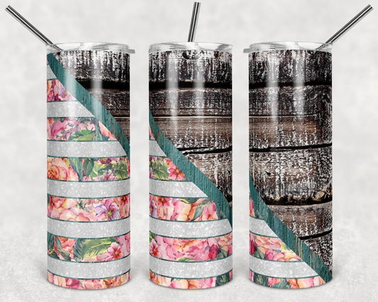 Wood Flower Stripes- 20 or 30oz Skinny Tumblers w/ Lid and Metal Straw