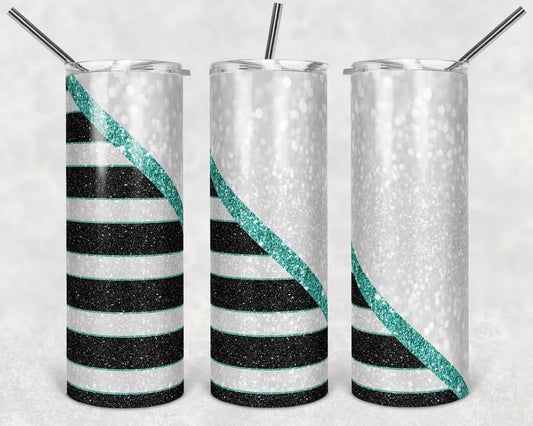 Striped Green Glitter- 20 or 30oz Skinny Tumblers w/ Lid and Metal Straw