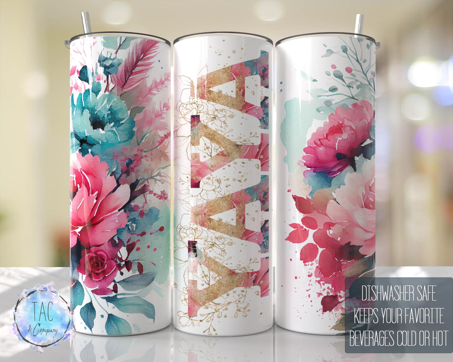 YaYa Hot Pink Floral Full Wrap -20oz or 30oz Skinny Tumblers w/ Lid and Metal Straw