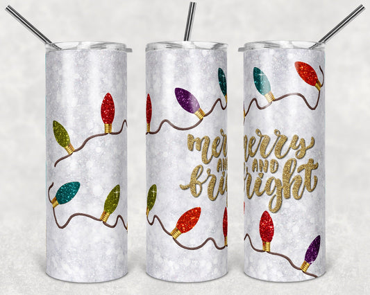 Merry and Bright Christmas Lights - 20oz or 30oz Skinny Tumblers w/ Lid and Metal Straw