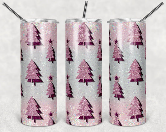 Sparkly Pink Christmas Tree - 20oz or 30oz Skinny Tumblers w/ Lid and Metal Straw