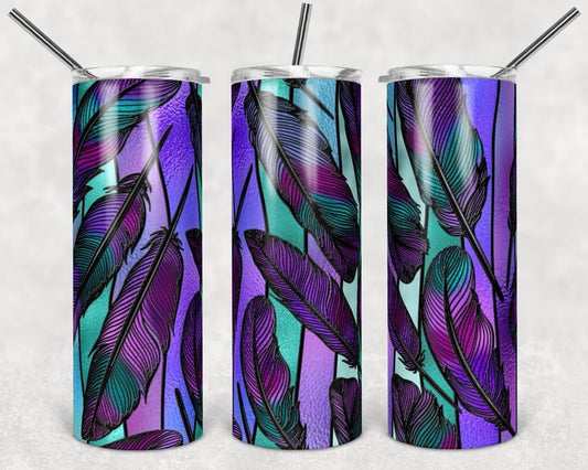 Stained Glass Feathers - 20 oz or 30oz Skinny Tumblers w/ Lid and Metal Straw