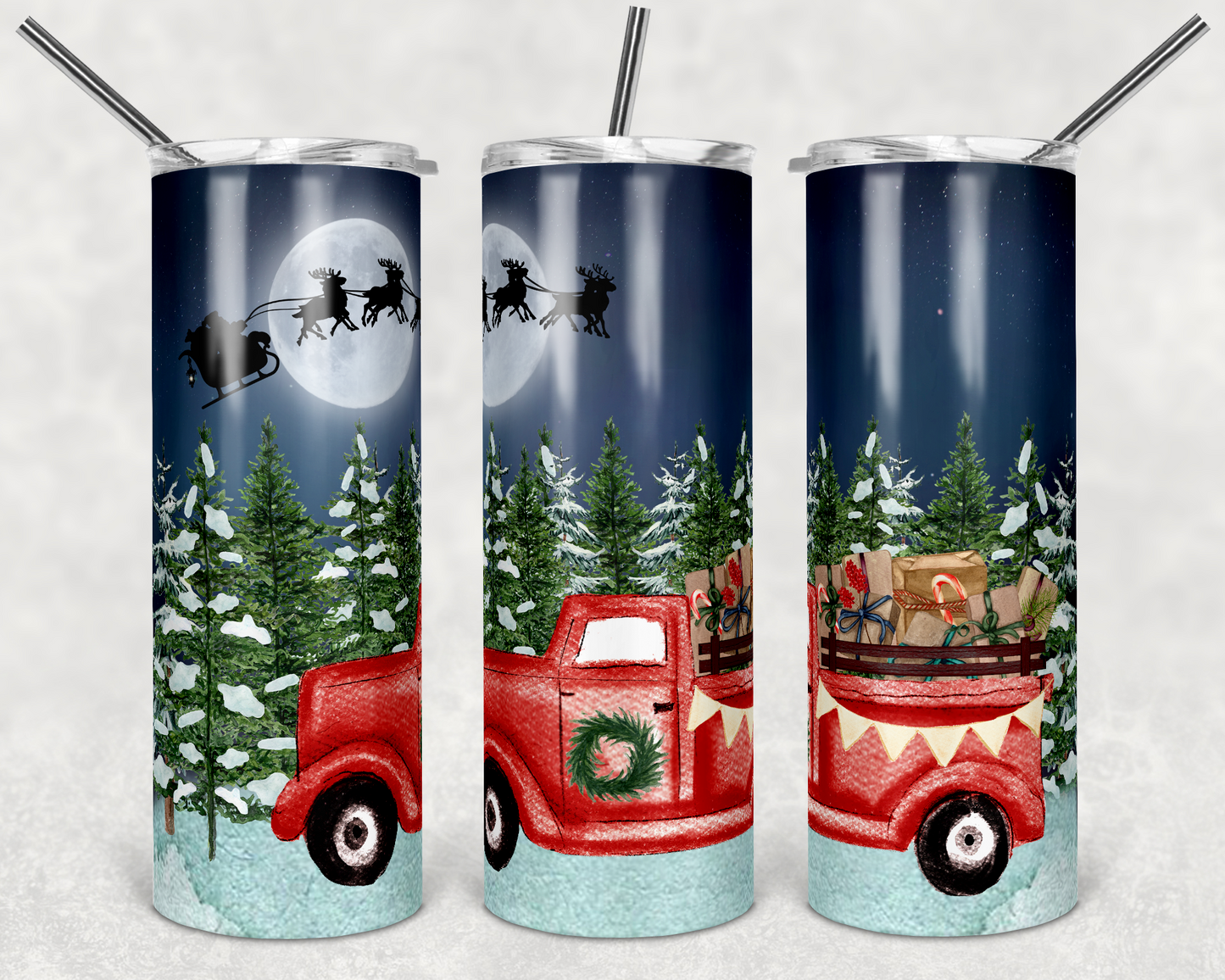 Red Christmas Truck- 20 oz or 30oz Skinny Tumblers w/ Lid and Metal Straw