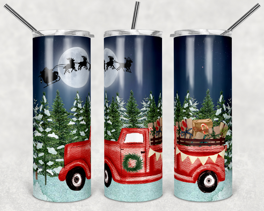 Red Christmas Truck- 20 oz or 30oz Skinny Tumblers w/ Lid and Metal Straw