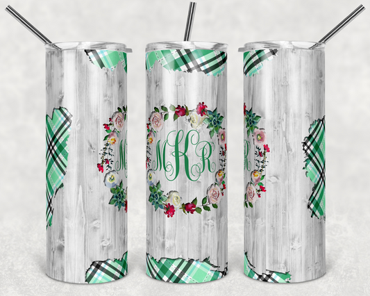 Green Plaid Custom Initials- 20 oz or 30oz Skinny Tumblers w/ Lid and Metal Straw