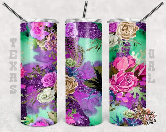 Purple Pink & Green floral -  20oz or 30oz Skinny Tumblers w/ Lid and Metal Straw