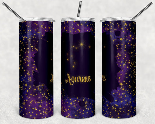 Aquarius Purple & Gold Zodiac - 20oz or 30oz Skinny Tumblers w/ Lid and Metal Straw