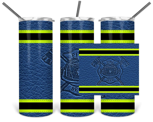 Yellow, Blue & Black Leather Fire Dep. - 20oz or 30oz Skinny Tumblers w/ Lid and Metal Straw