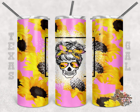 Pink Mom Bun Sunflower - 20oz or 30oz Skinny Tumblers w/ Lid and Metal Straw