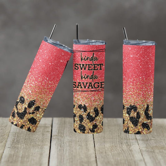 Sweet but Savage Coral Glitter- 20 oz or 30oz Skinny Tumblers w/ Lid and Metal Straw
