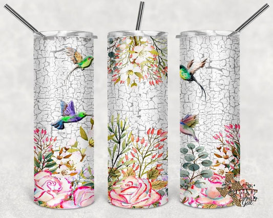 White cracked birds Sunflower-  20oz or 30oz Skinny Tumblers w/ Lid and Metal Straw