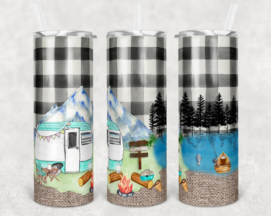 Plaid Camping - 20oz or 30oz Skinny Tumblers w/ Lid and Metal Straw