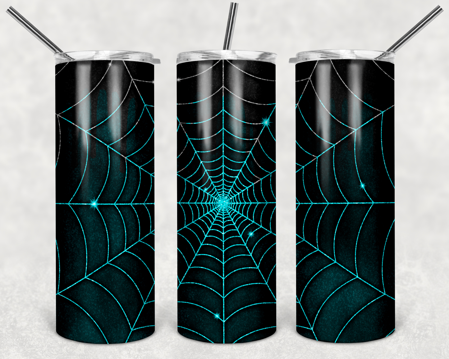 Teal Spider Web - spooky -Halloween - 20 or 30oz Skinny Tumblers w/ Lid and Metal Straw