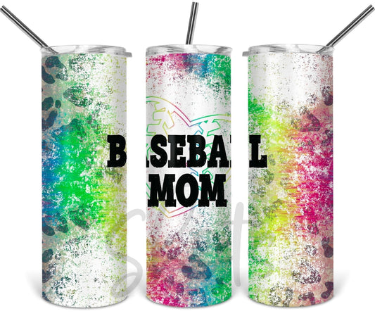 Baseball Mom Cheetah Rainbow -20 oz or 30oz Skinny Tumblers w/ Lid and Metal Straw