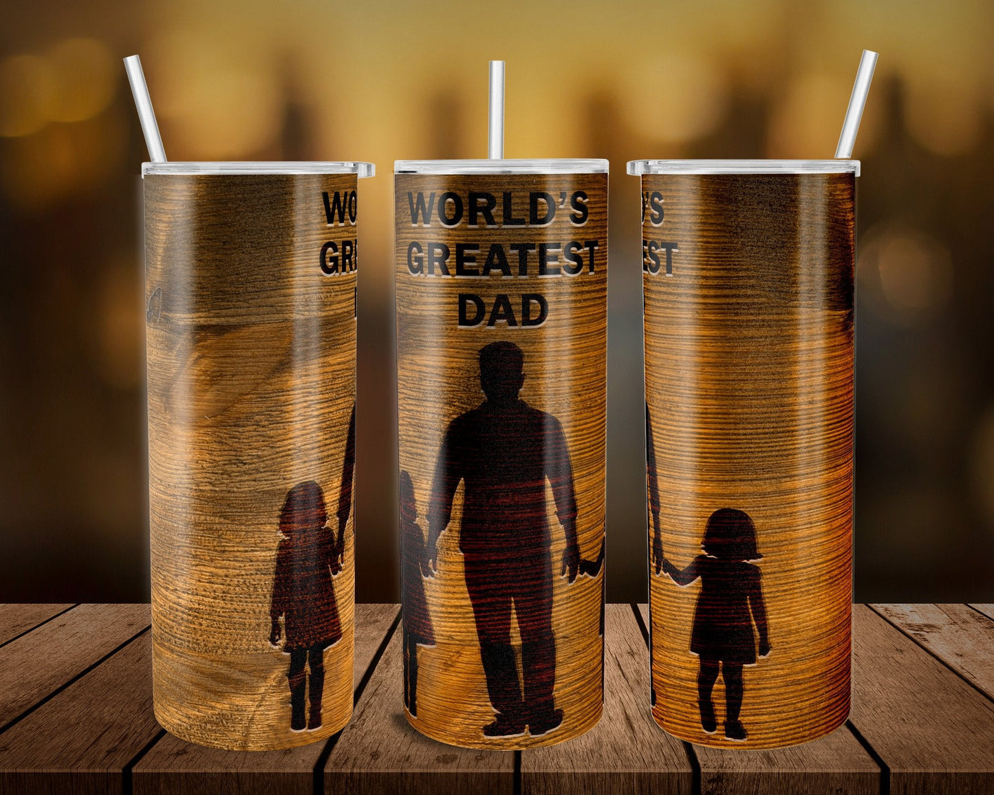 SideWays Wood Worlds Greatest Dad- 20 oz or 30oz Skinny Tumblers w/ Lid and Metal Straw