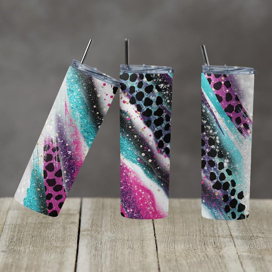Blue & Pink Cheetah-20 oz or 30oz Skinny Tumblers w/ Lid and Metal Straw