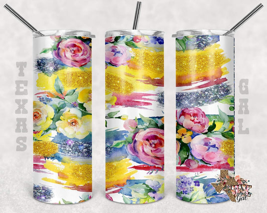 Yellow Pink & White floral -  20oz or 30oz Skinny Tumblers w/ Lid and Metal Straw