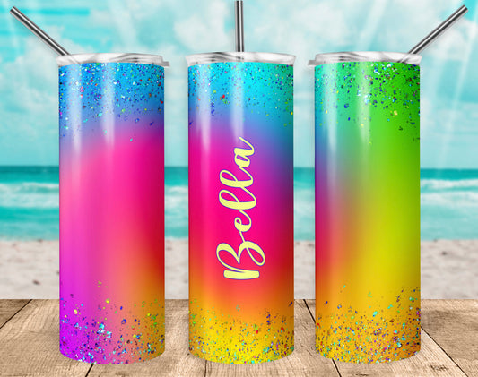 Rainbow Glitter Name- 20 oz or 30oz Skinny Tumblers w/ Lid and Metal Straw