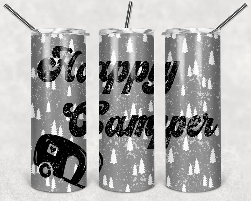 Happy Camper - 20oz or 30oz Skinny Tumblers w/ Lid and Metal Straw