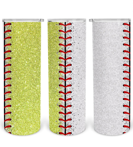 Glitter Baseball/Softball- 20oz or 30oz Skinny Tumblers w/ Lid and Metal Straw