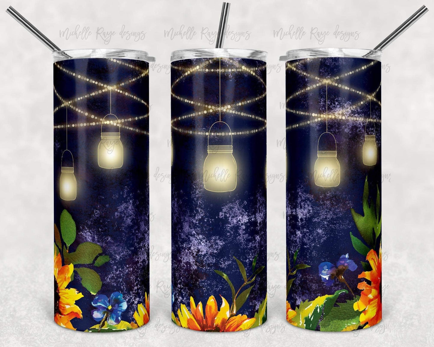Navy Blue Lantern Sunflower - 20oz or 30oz Skinny Tumblers w/ Lid and Metal Straw