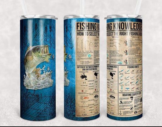 Blue Fishing Knowledge Fish - 20 oz or 30oz Skinny Tumblers w/ Lid and Metal Straw