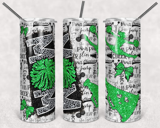 Green Cheetah Cheer Mom - 20oz or 30oz Skinny Tumblers w/ Lid and Metal Straw