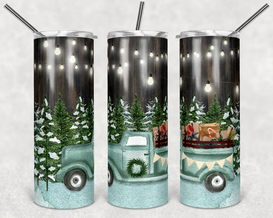 Teal Christmas Truck- 20 oz or 30oz Skinny Tumblers w/ Lid and Metal Straw