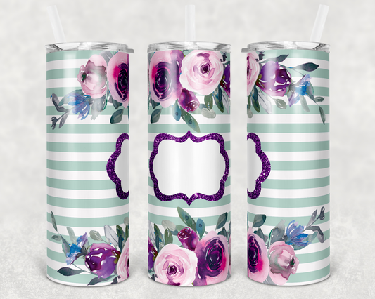 Teal Floral Striped- 20oz or 30oz Skinny Tumblers w/ Lid and Metal Straw