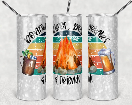 Bonfire, Drinks & Friends- 20oz or 30oz Skinny Tumblers w/ Lid and Metal Straw