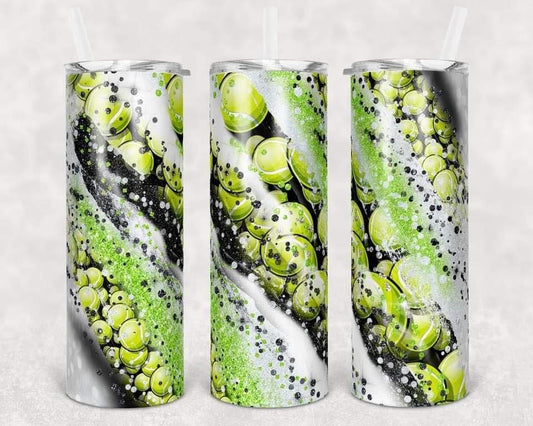 Tennis Ball Glitter Stripe- 20oz or 30oz Skinny Tumblers w/ Lid and Metal Straw