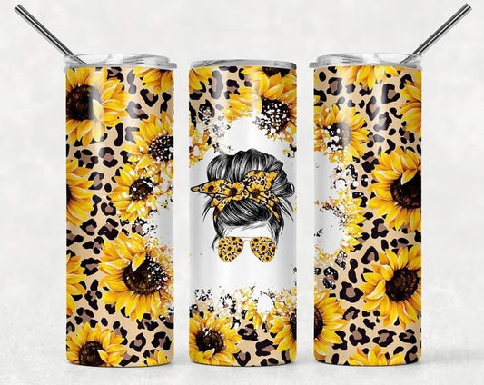 Sunflower Cheetah- 20oz or 30oz Skinny Tumblers w/ Lid and Metal Straw