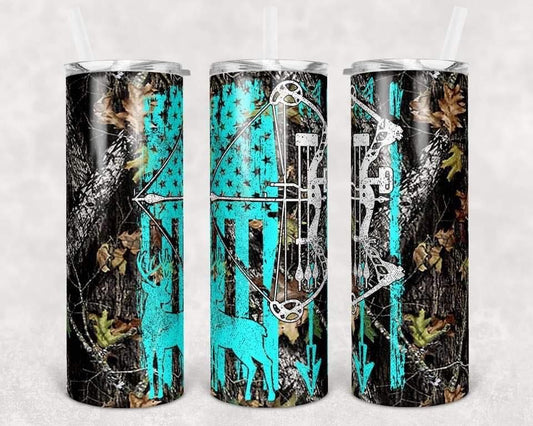 Camo Teal American Flag Bow- 20oz or 30oz Skinny Tumblers w/ Lid and Metal Straw