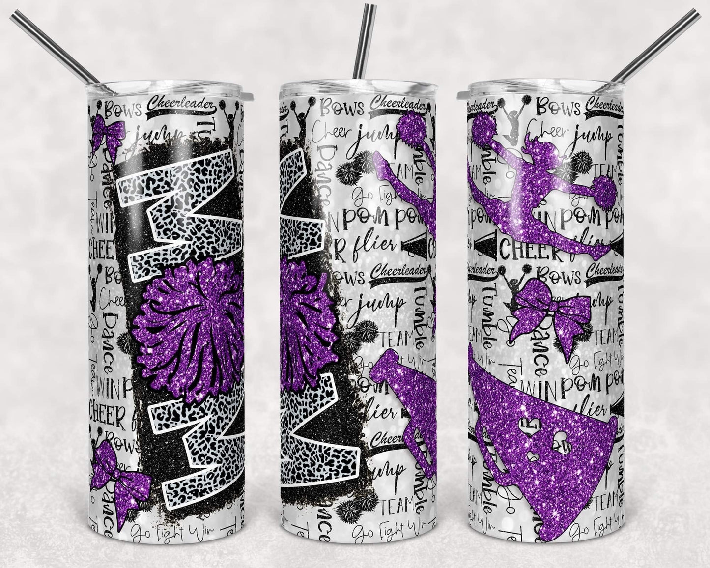 Purple Cheetah Cheer Mom - 20oz or 30oz Skinny Tumblers w/ Lid and Metal Straw