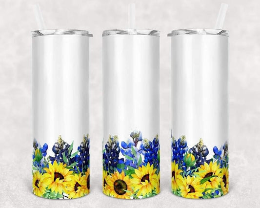 White, Sunflowers and Teal Flowers 20oz or 30oz Skinny Tumblers w/ Lid and Metal Straw