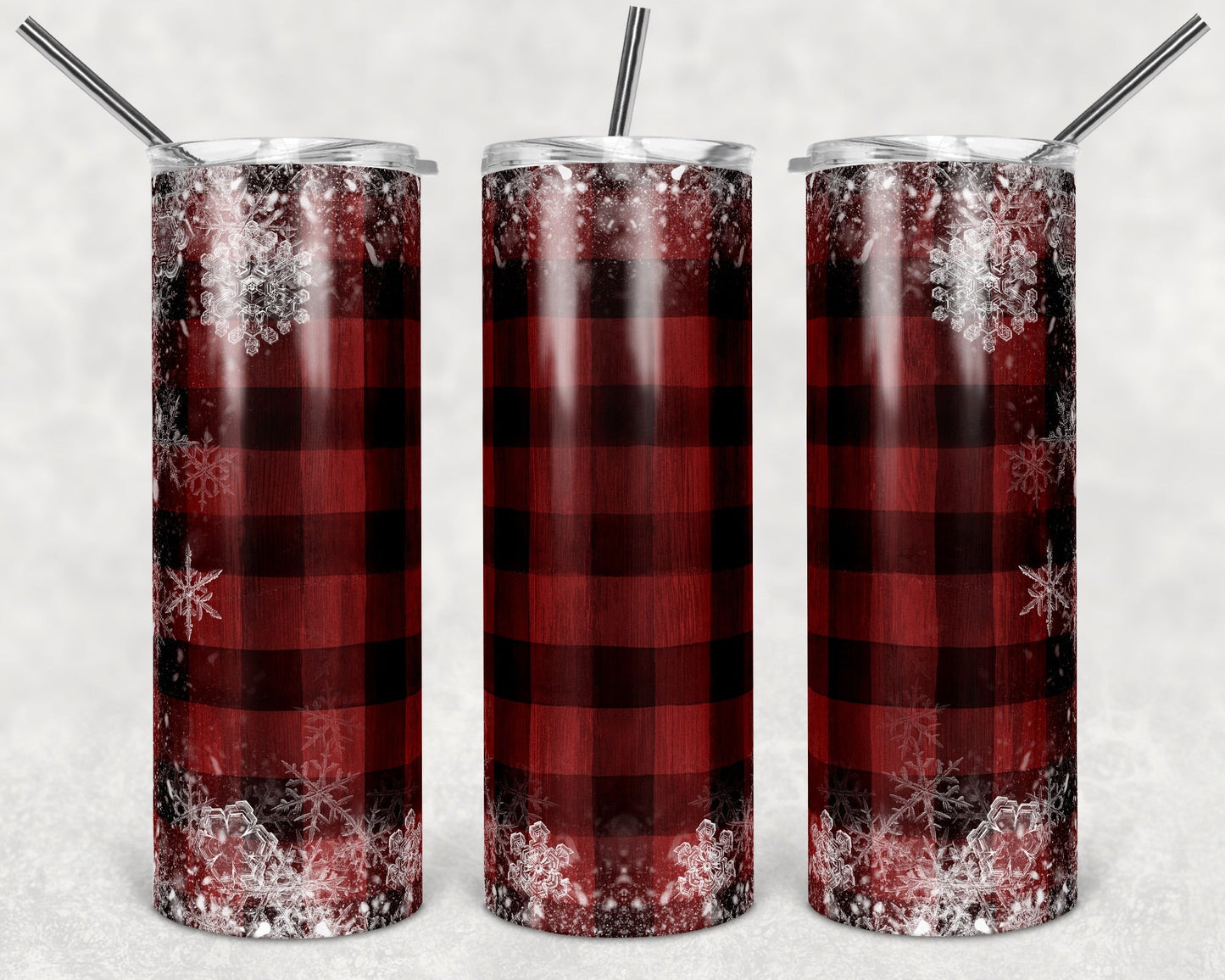 Wooden Plaid Snowflakes- 20oz or 30oz Skinny Tumblers w/ Lid and Metal Straw