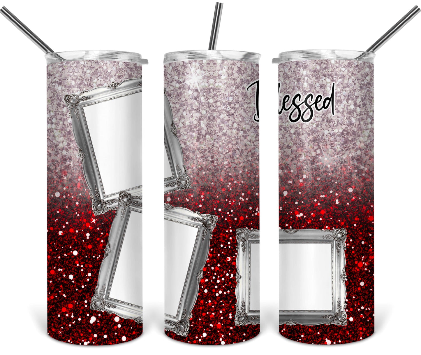 Maroon & Pink Glitter Blessed- 20oz or 30oz Skinny Tumblers w/ Lid and Metal Straw