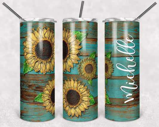 Teal Painted Wood Sunflower - 20oz or 30oz Skinny Tumblers w/ Lid and Metal Straw
