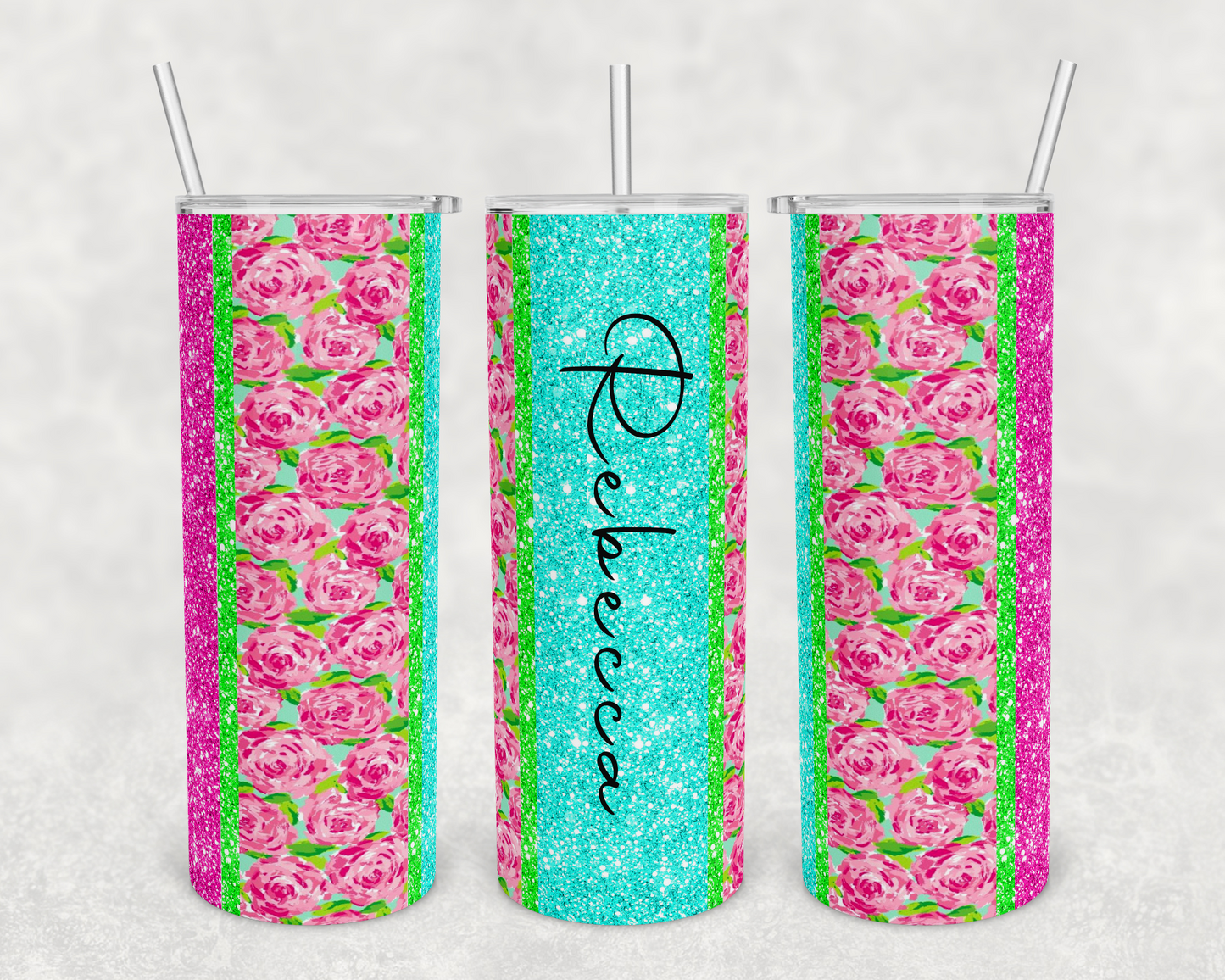Glitter , Teal , Pink Roses I - 20 oz or 30oz Skinny Tumblers w/ Lid and Metal Straw