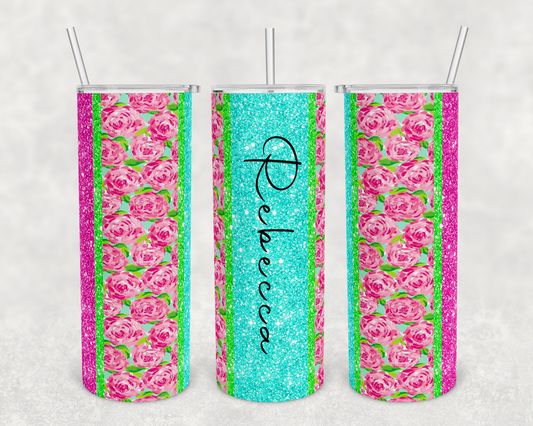 Glitter , Teal , Pink Roses I - 20 oz or 30oz Skinny Tumblers w/ Lid and Metal Straw