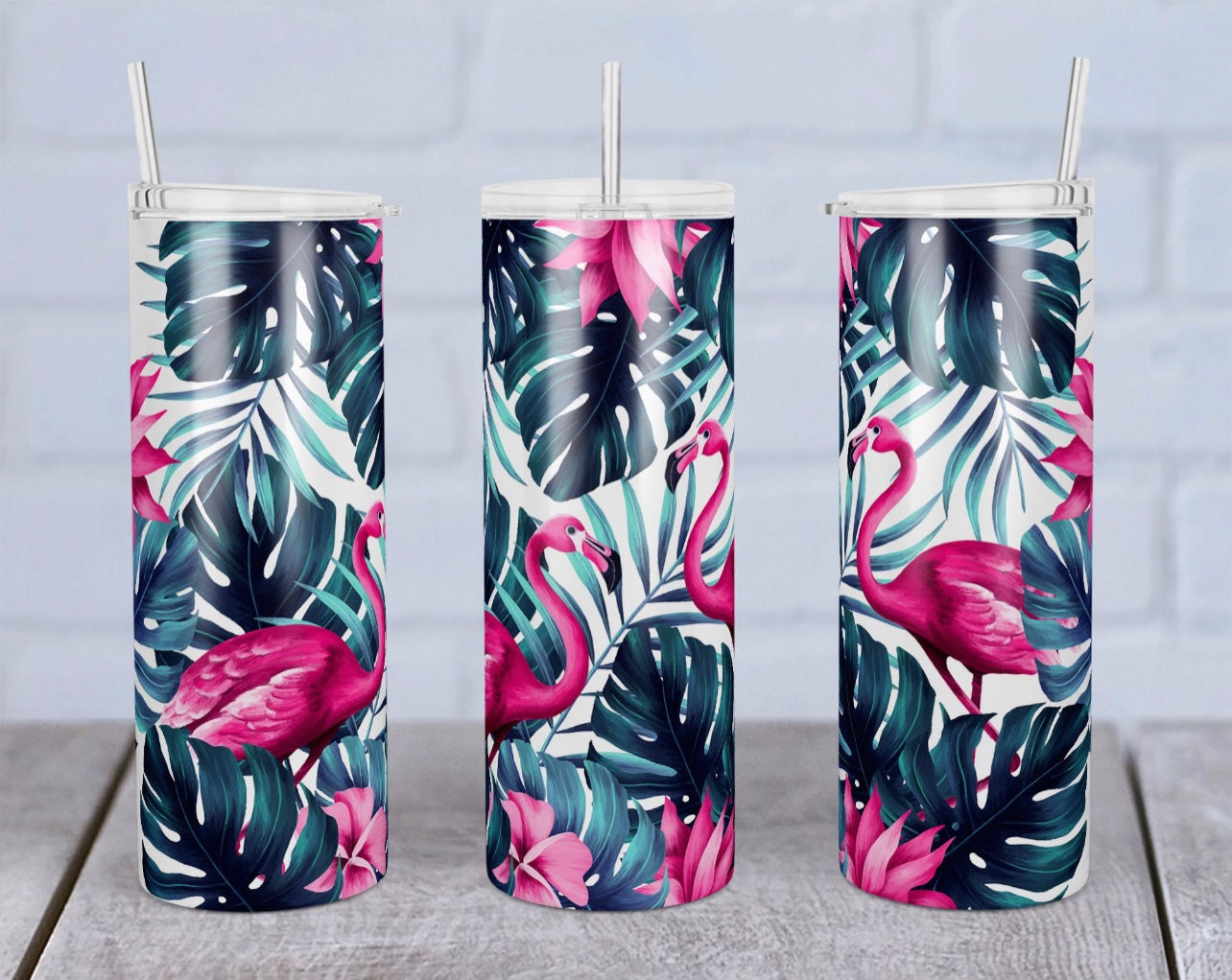 Pink Flamingo Animal -20 oz or 30oz Skinny Tumblers w/ Lid and Metal Straw