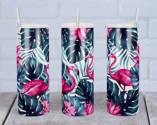 Pink Flamingo Animal -20 oz or 30oz Skinny Tumblers w/ Lid and Metal Straw