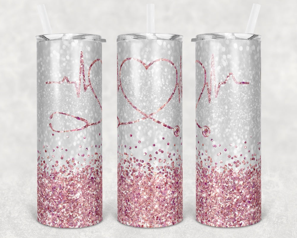 Pink Glitter Nurse - 20oz or 30oz Skinny Tumblers w/ Lid and Metal Straw