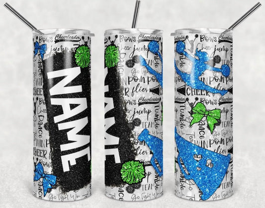 Blue Shout & Green Name- 20oz or 30oz Skinny Tumblers w/ Lid and Metal Straw
