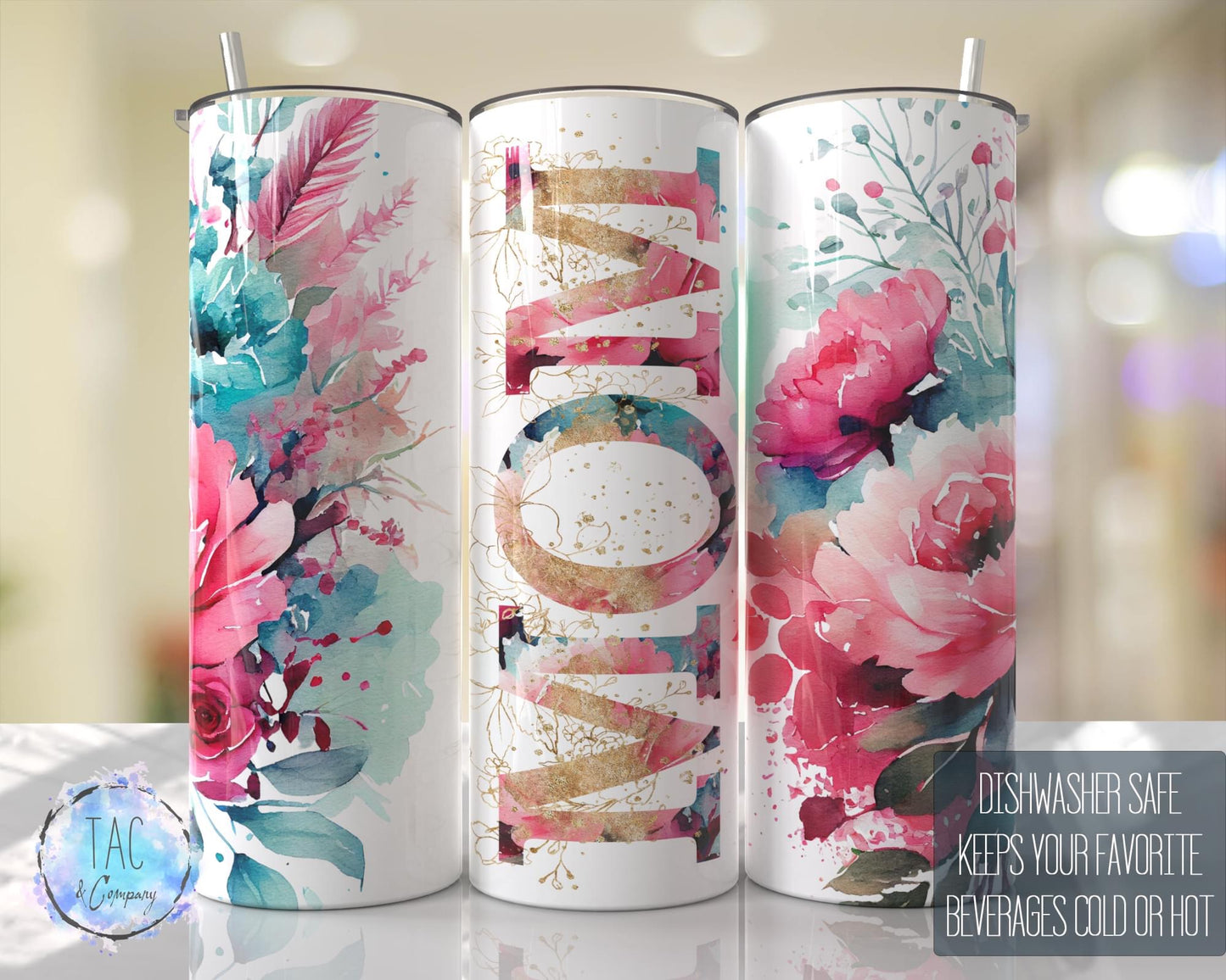Mom Hot Pink Floral Full Wrap -20oz or 30oz Skinny Tumblers w/ Lid and Metal Straw