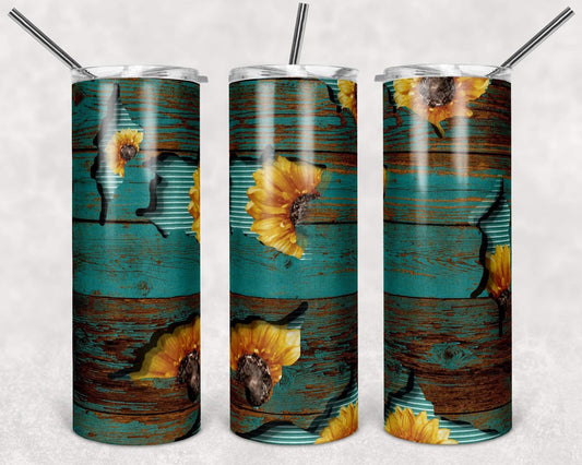 Wooden Teal Sunflower - 20oz or 30oz Skinny Tumblers w/ Lid and Metal Straw