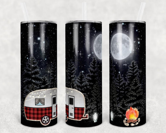 Red Plaid Camper Moonlight  - 20oz or 30oz Skinny Tumblers w/ Lid and Metal Straw