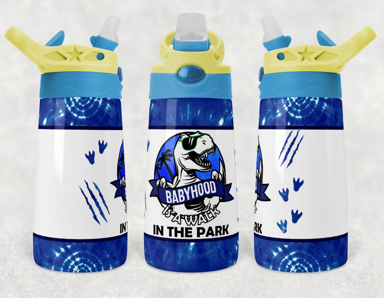 Blue Babyhood in the Park Dinosaur - 12oz Kids Flip Cup water Bottle Tumbler