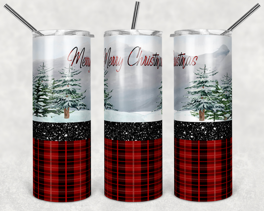 Merry Xmas Snowy Red Plaid - 20 oz or 30oz Skinny Tumblers w/ Lid and Metal Straw
