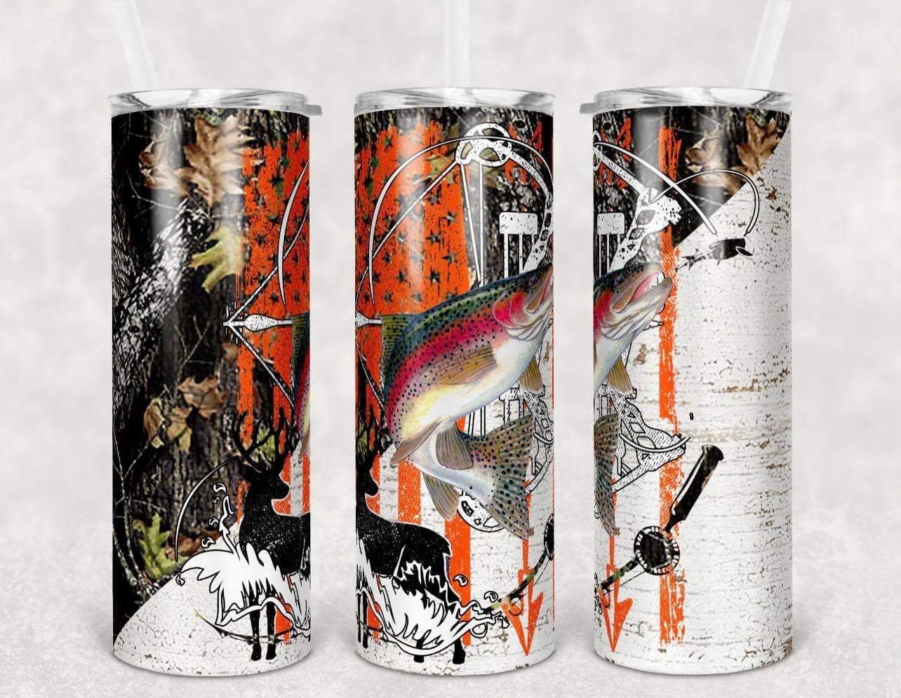 Orange Black and Camo Fish - 20 oz or 30oz Skinny Tumblers w/ Lid and Metal Straw